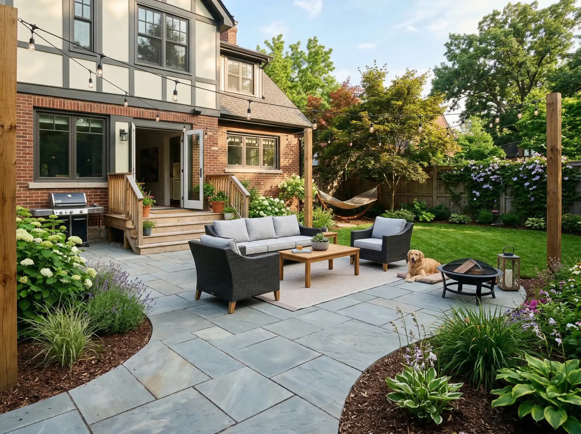 backyard-makeover-spring-hill - Nixon Renovations LLC - Nixon Renovations LLC Backyard patio with outdoor sofa set, string lights, and a hammock beside a brick house.