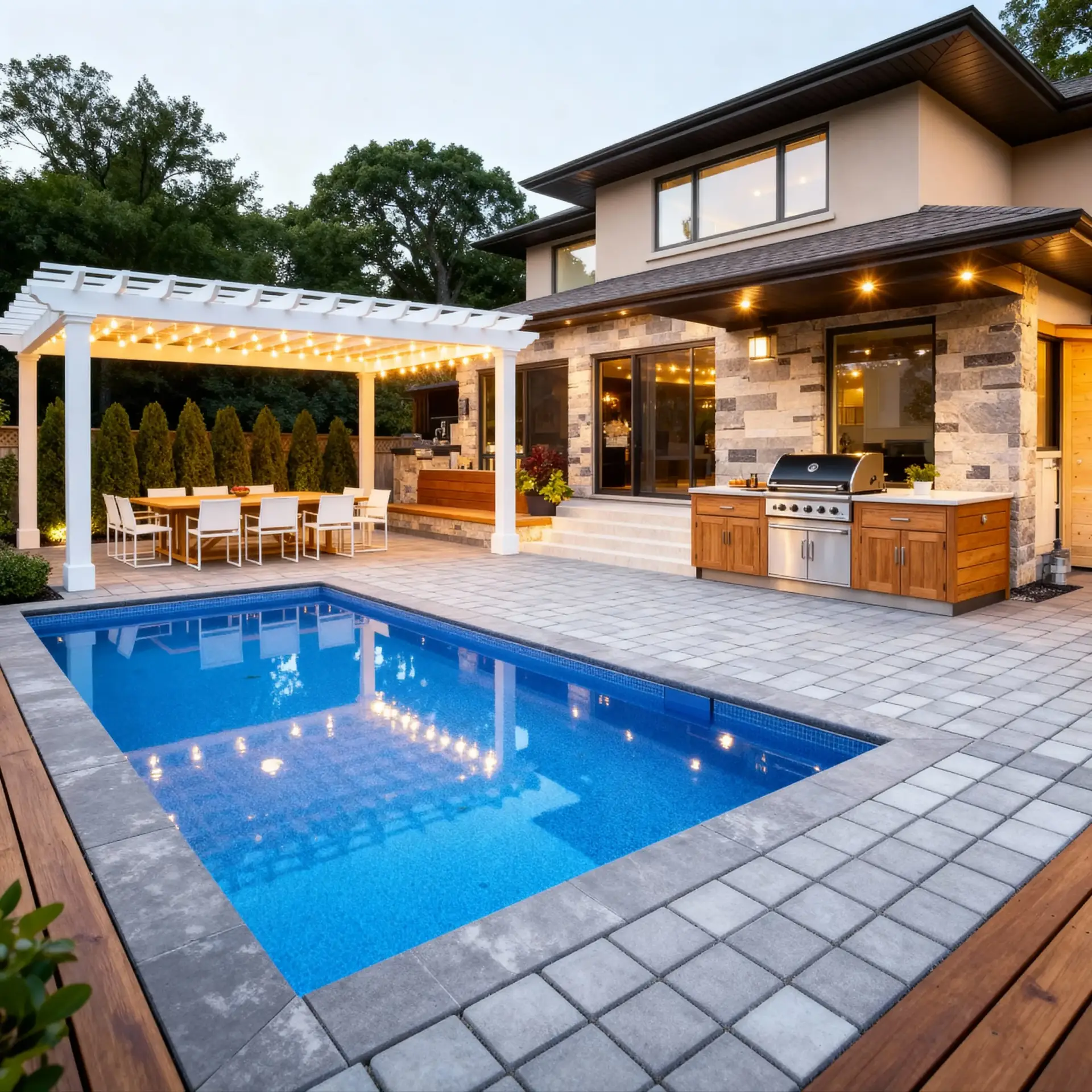Modern house exterior with stone facade, large windows, and an illuminated outdoor kitchen under a covered patio by a rectangular pool.