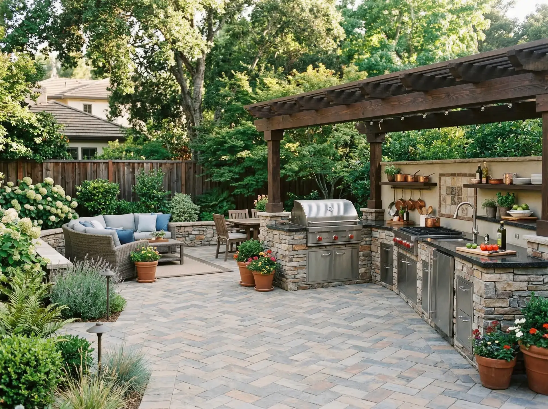 Outdoor kitchen and pergola with built-in grills, stone countertops, and hanging string lights in a lush backyard.