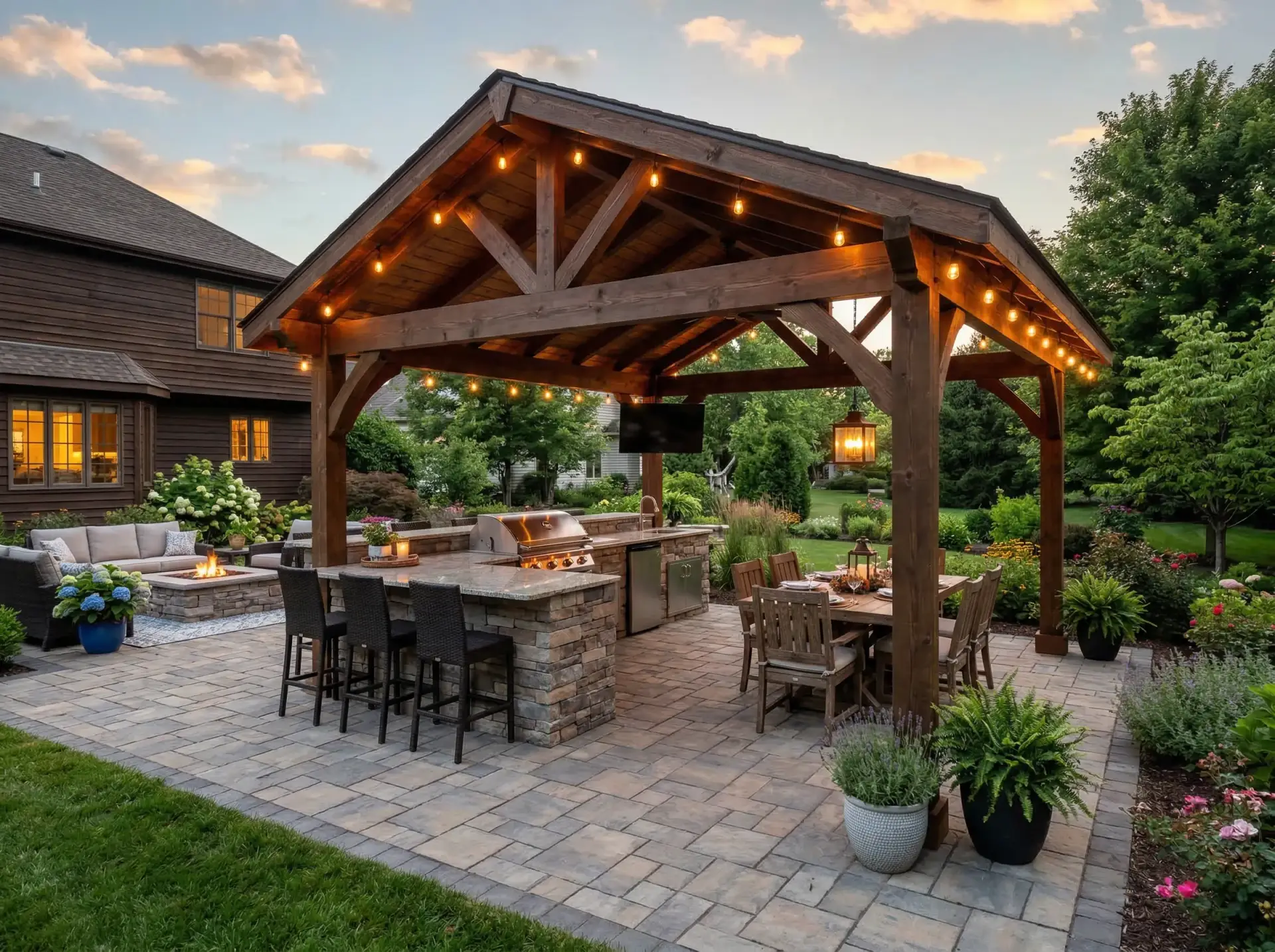 spring-hill-backyard-remodel - Nixon Renovations LLC - Nixon Renovations LLC Wooden pergola with string lights over an outdoor kitchen and dining area in a landscaped backyard.