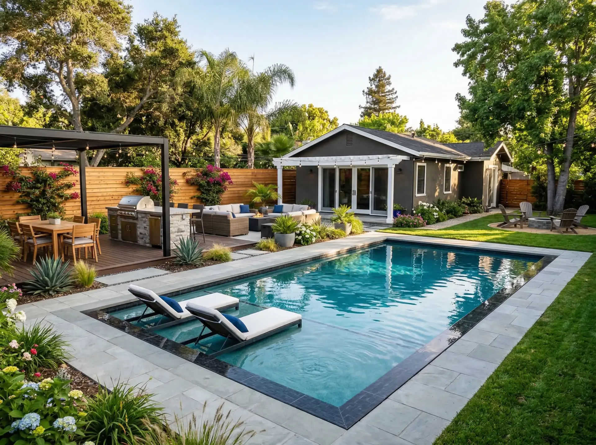 tn-outdoor-living-space - Nixon Renovations LLC - Nixon Renovations LLC Modern backyard scene with a rectangular in-ground pool, gray stone deck, and white- framed house in the background.